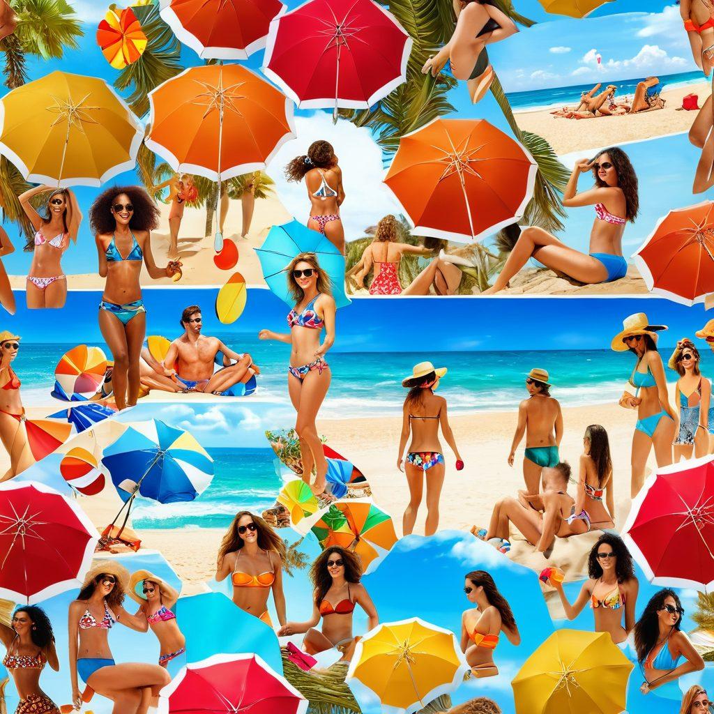 A vibrant collage of a beach scene with diverse bikini trends merging into an emotional reunion setting, featuring smiling faces, hugs, and laughter. Include elements of a sunny sky, colorful beach umbrellas, and a nostalgic aura surrounding the reunion. Use warm hues and gentle waves to evoke a sense of rediscovery and joy. super-realistic. vibrant colors. soft focus.