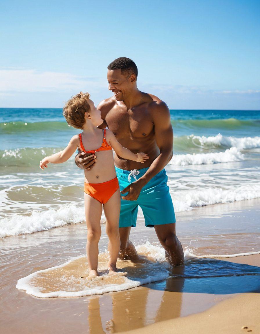 A heartwarming scene of a father and child playing together in a sunny beach setting, both wearing colorful swimwear, with waves splashing around them. The father's expression is joyful and loving while the child laughs, embodying the essence of bonding and love. The background features a clear blue sky and golden sand, symbolizing warmth and happiness. super-realistic. vibrant colors. 3D.