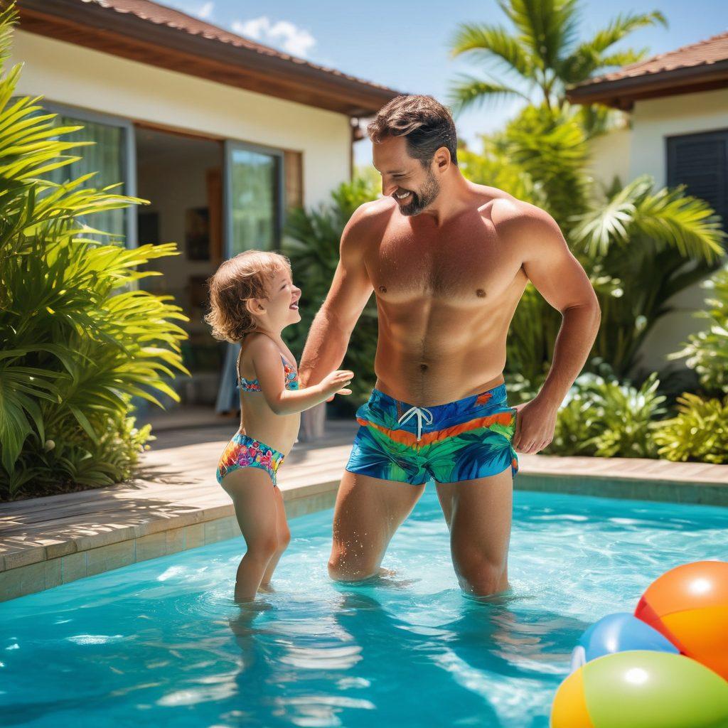 A tender scene of a father and child splashing joyfully in a sunny swimming pool, surrounded by colorful swimwear displayed on a nearby deck. The father is wearing playful swim trunks, while the child is in a cute floaty. Include vibrant tropical plants in the background to enhance the summer vibe. The image should evoke warmth, love, and the joy of family bonding. super-realistic. vibrant colors. bright sunlight.